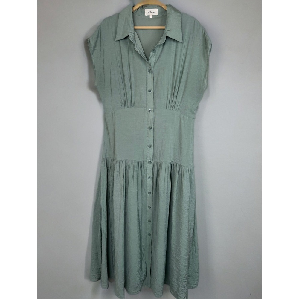 Böhme Amanda Tiered Button Down Midi Dress Size L Sage Green Cottagecore Modest